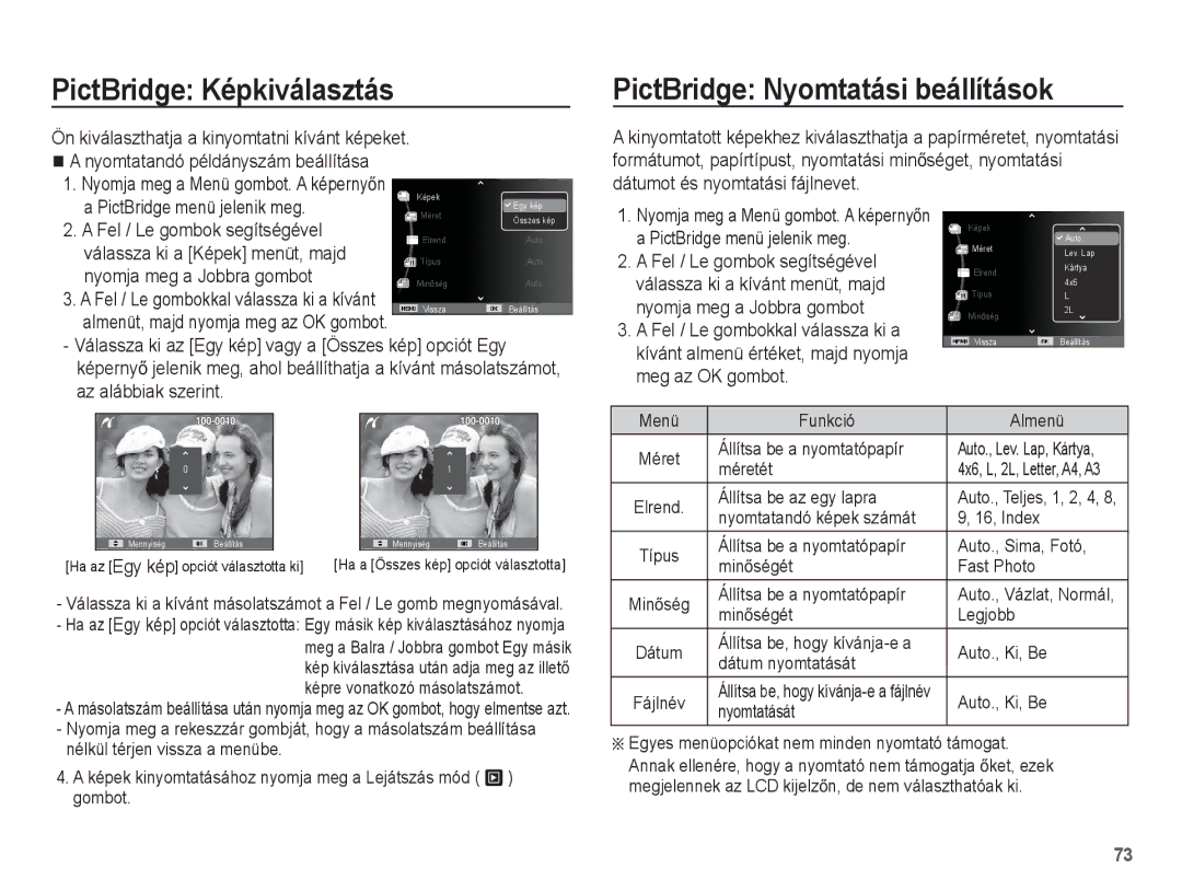 Samsung EC-ES55ZBBP/E2 PictBridge Képkiválasztás, PictBridge Nyomtatási beállítások, Nyomja meg a Menü gombot. a képernyĘn 