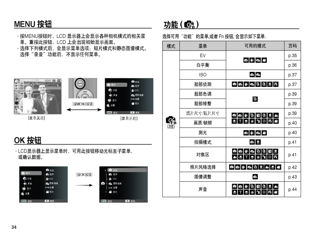 Samsung EC-ES60ZZBPPIT, EC-ES60ZZBPBE1, EC-ES60ZZBPBIT, EC-ES60ZZBPAIT, EC-ES60ZZBPBE3, EC-ES60ZZBPAE3 manual Menu 按钮, Ok 按钮 