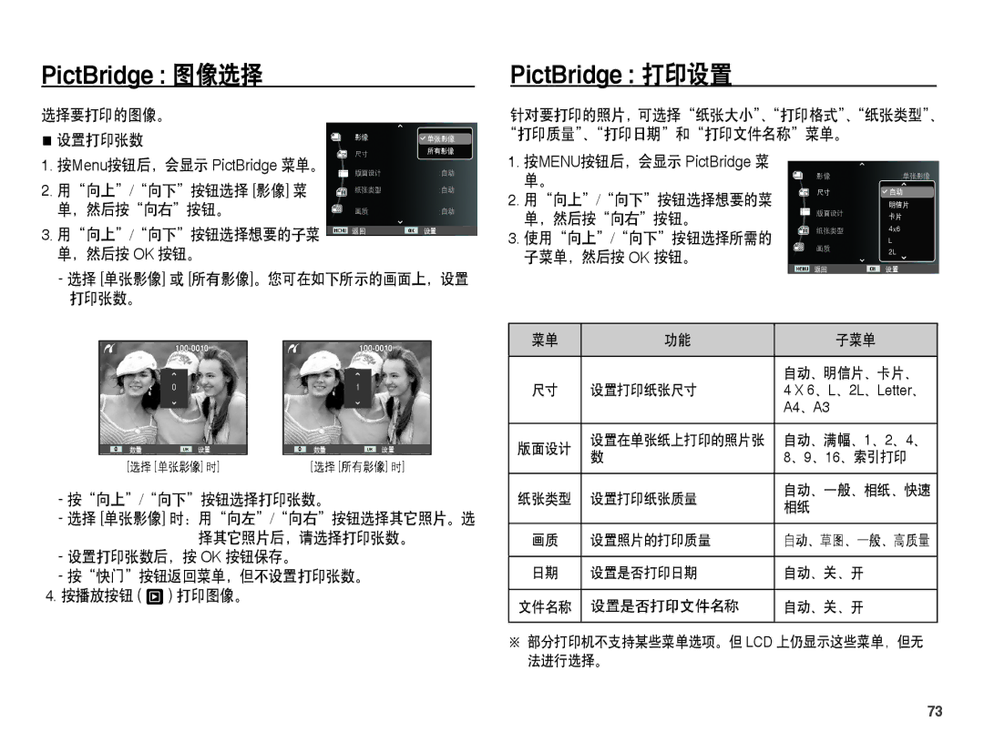 Samsung EC-ES60ZZBPBE2, EC-ES60ZZBPBE1, EC-ES60ZZBPBIT, EC-ES60ZZBPPIT, EC-ES60ZZBPAIT manual PictBridge 图像选择 PictBridge 打印设置 