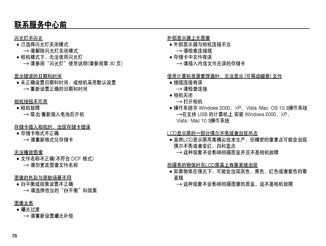 Samsung EC-ES60ZZBPPIT manual 取出/重新插入电池后开机, 存储卡插入相机时，出现存储卡错误 存储卡格式不正确 Lcd显示屏的一部分偶尔不亮或者出现坏点 请重新格式化存储卡, 偶尔不亮或者变红，白和蓝点 