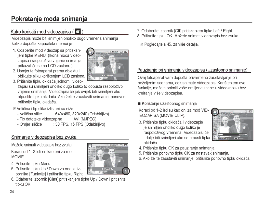 Samsung EC-ES60ZZBPAE3, EC-ES60ZZBPBE3 manual Kako koristiti mod videozapisa, Snimanje videozapisa bez zvuka 