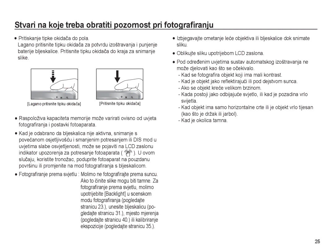 Samsung EC-ES60ZZBPBE3, EC-ES60ZZBPAE3 manual Stvari na koje treba obratiti pozornost pri fotograﬁranju 