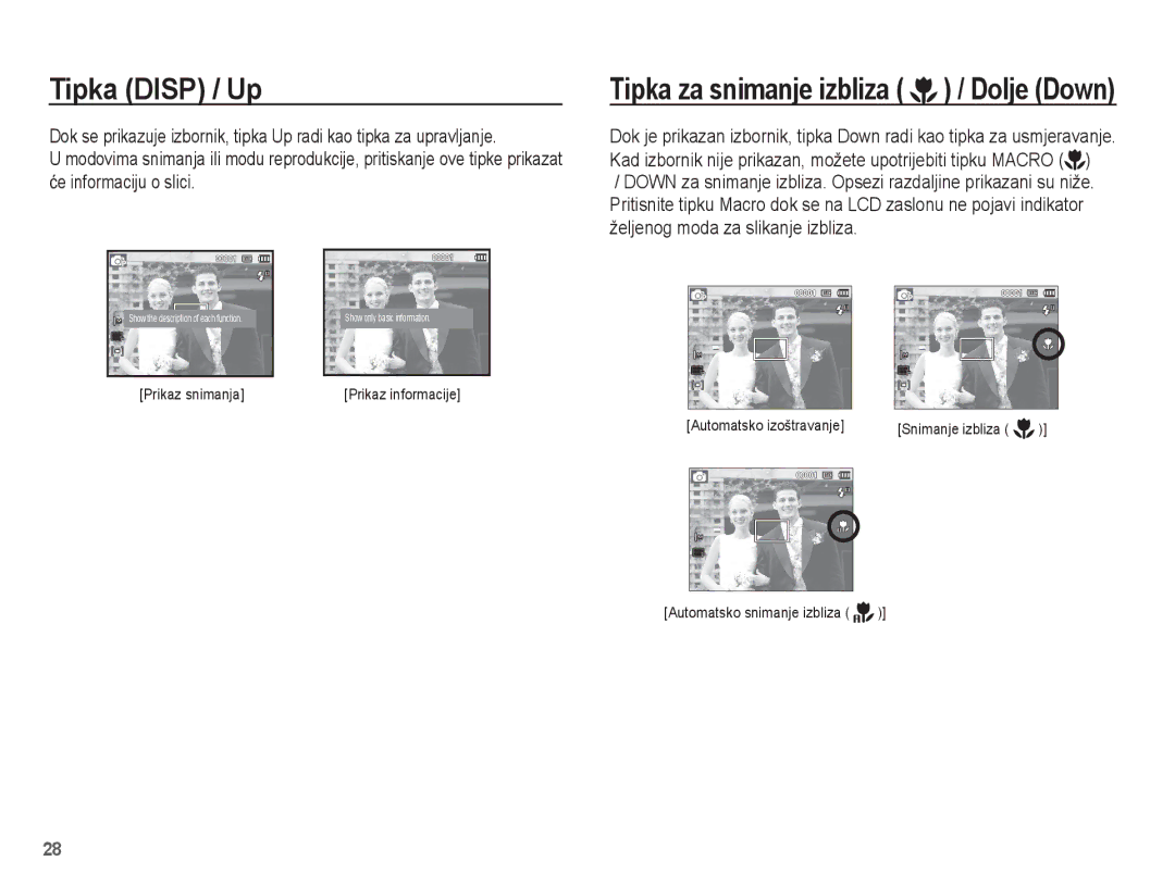 Samsung EC-ES60ZZBPAE3, EC-ES60ZZBPBE3 manual Tipka Disp / Up, Tipka za snimanje izbliza / Dolje Down 