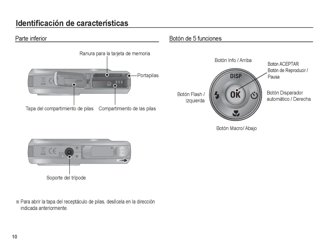 Samsung EC-ES60ZZBPBE1, EC-ES60ZZBPPE1 Parte inferior Botón de 5 funciones, Pausa, Botón Flash Botón Disparador Izquierda 