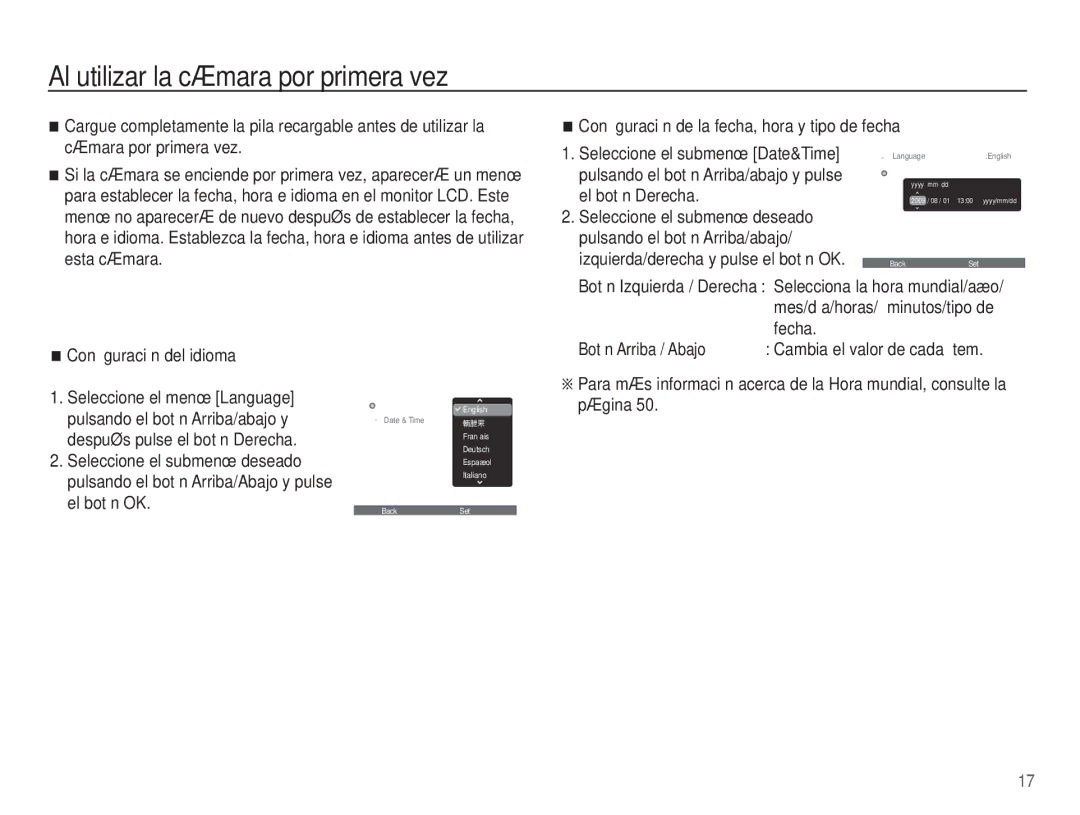 Samsung EC-ES60ZZBPAPA manual Al utilizar la cámara por primera vez, Conﬁguración del idioma, Fecha, Botón Arriba / Abajo 