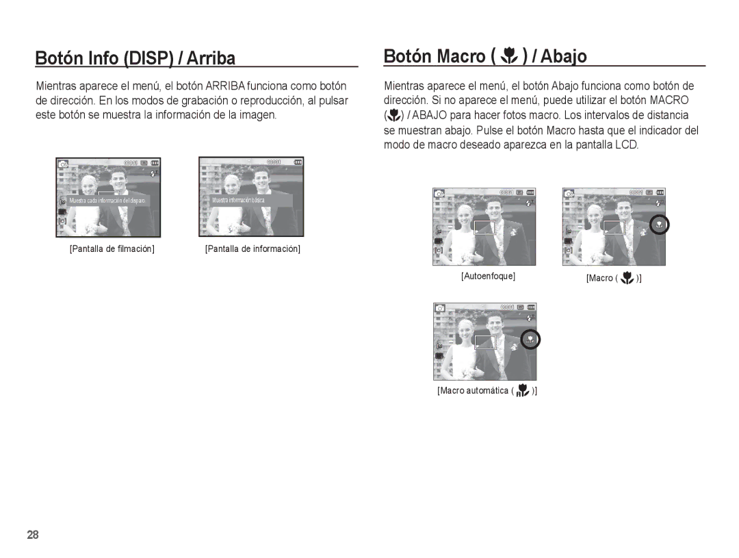 Samsung EC-ES60ZZBPRE1, EC-ES60ZZBPPE1, EC-ES60ZZBPBE1, EC-ES60ZZBPAE1 manual Botón Info Disp / Arriba, Botón Macro / Abajo 
