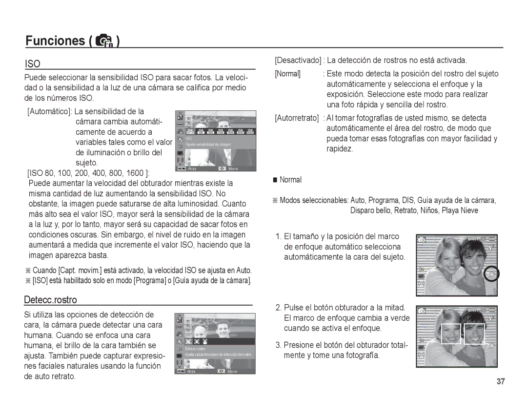 Samsung EC-ES60ZZBPAPA, EC-ES60ZZBPPE1, EC-ES60ZZBPBE1, EC-ES60ZZBPAE1, EC-ES60ZZBPRE1 manual Detecc.rostro 