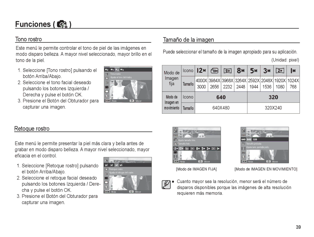 Samsung EC-ES60ZZBPPE1, EC-ES60ZZBPBE1, EC-ES60ZZBPAE1, EC-ES60ZZBPAPA manual Tono rostro, Tamaño de la imagen, Retoque rostro 