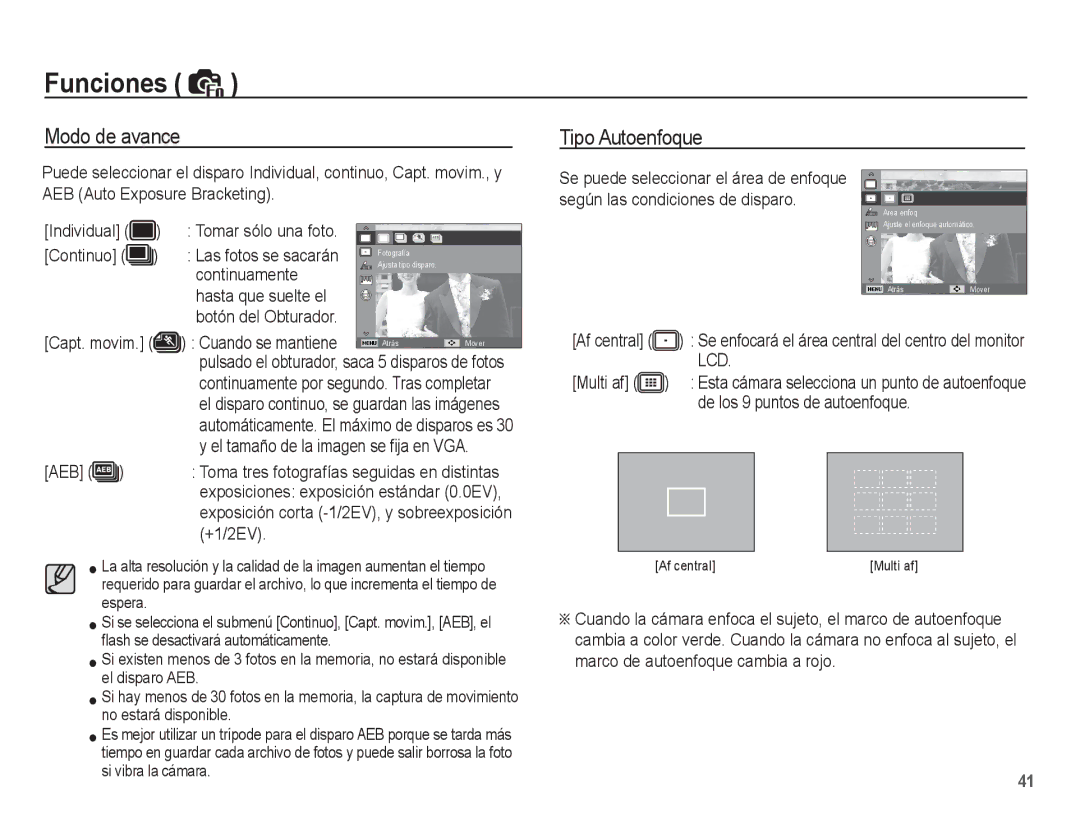 Samsung EC-ES60ZZBPAE1, EC-ES60ZZBPPE1, EC-ES60ZZBPBE1, EC-ES60ZZBPAPA, EC-ES60ZZBPRE1 manual Modo de avance Tipo Autoenfoque 