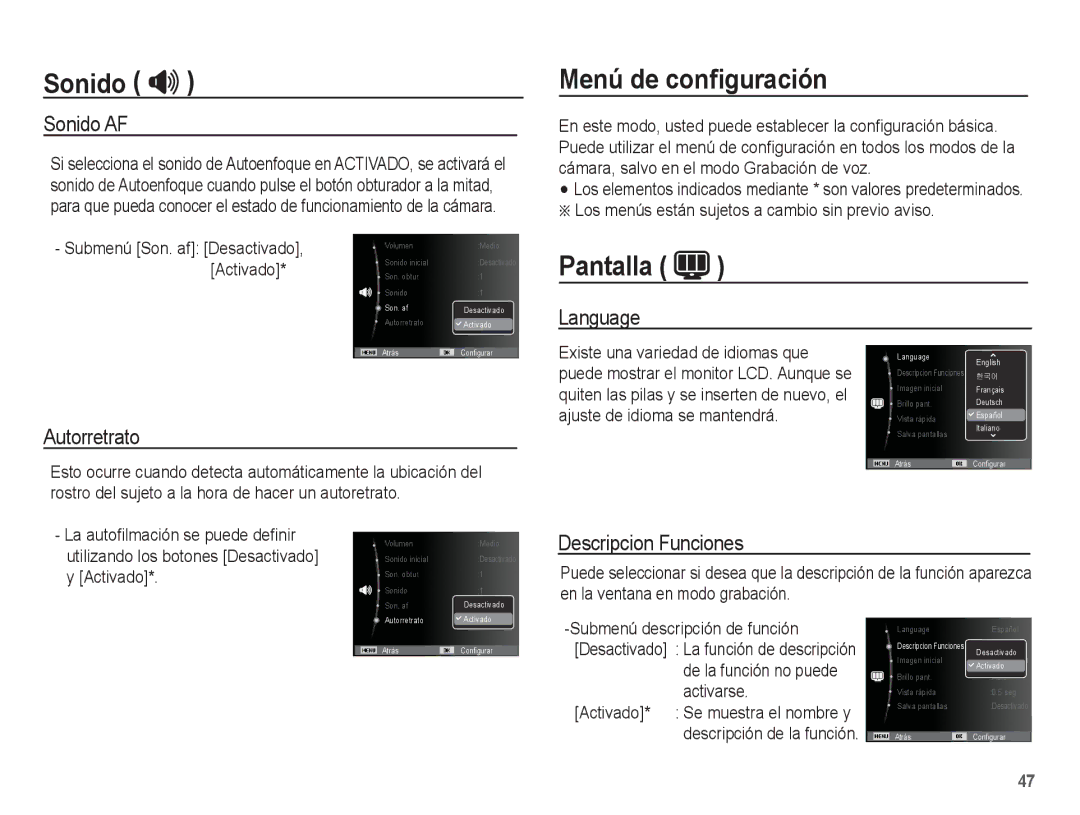 Samsung EC-ES60ZZBPAPA, EC-ES60ZZBPPE1, EC-ES60ZZBPBE1, EC-ES60ZZBPAE1, EC-ES60ZZBPRE1 manual Menú de conﬁguración, Pantalla 