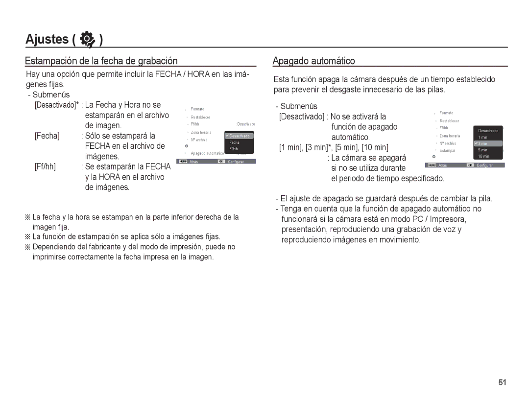 Samsung EC-ES60ZZBPAE1, EC-ES60ZZBPPE1, EC-ES60ZZBPBE1 manual Estampación de la fecha de grabación, Apagado automático 