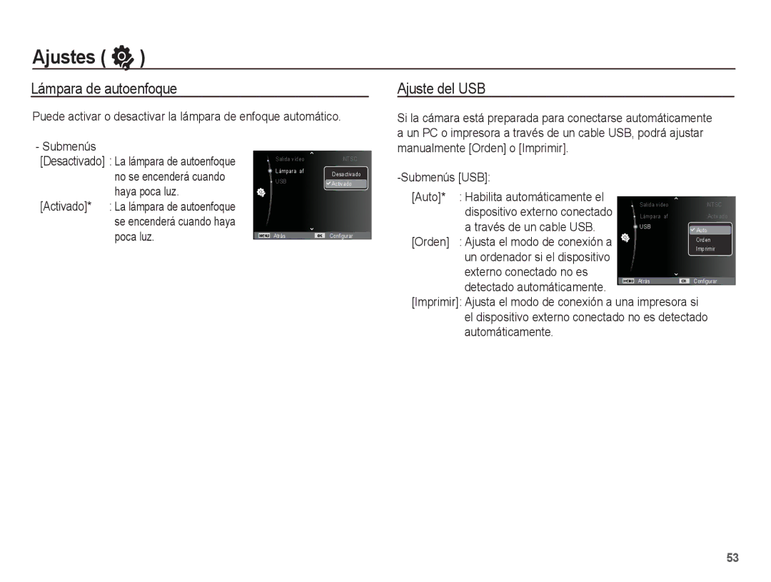 Samsung EC-ES60ZZBPRE1, EC-ES60ZZBPPE1, EC-ES60ZZBPBE1, EC-ES60ZZBPAE1, EC-ES60ZZBPAPA Lámpara de autoenfoque, Ajuste del USB 