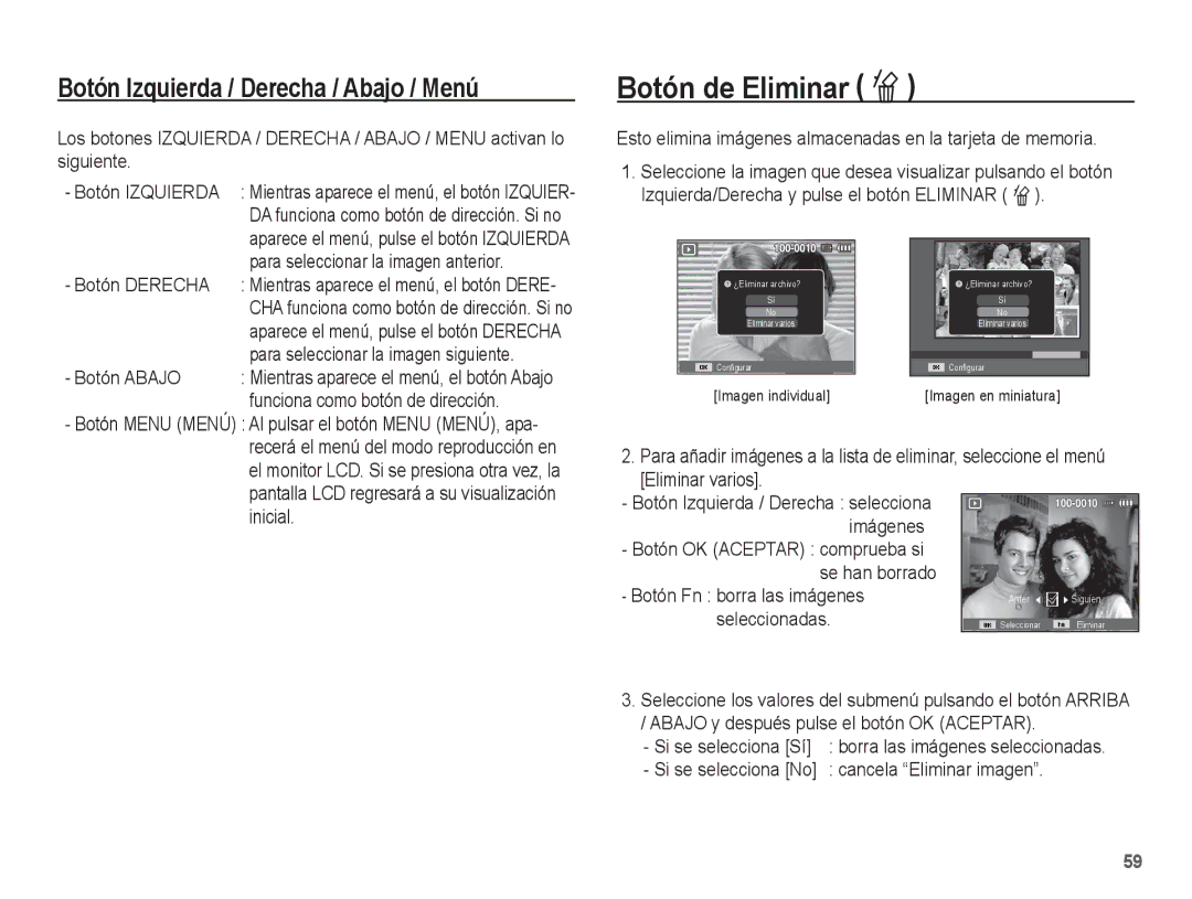 Samsung EC-ES60ZZBPPE1, EC-ES60ZZBPBE1, EC-ES60ZZBPAE1, EC-ES60ZZBPAPA, EC-ES60ZZBPRE1 manual Botón de Eliminar Õ 