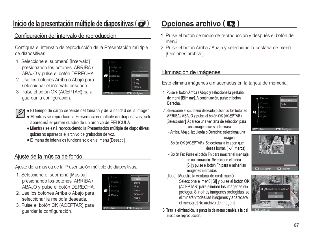 Samsung EC-ES60ZZBPAPA manual Opciones archivo, Configuración del intervalo de reproducción, Eliminación de imágenes 