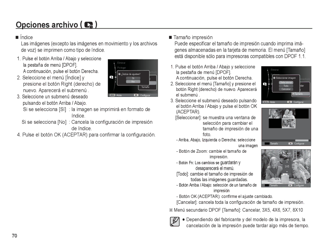 Samsung EC-ES60ZZBPBE1, EC-ES60ZZBPPE1 manual Seleccione el menú Índice y, Nuevo. Aparecerá el submenú, Tamaño impresión 