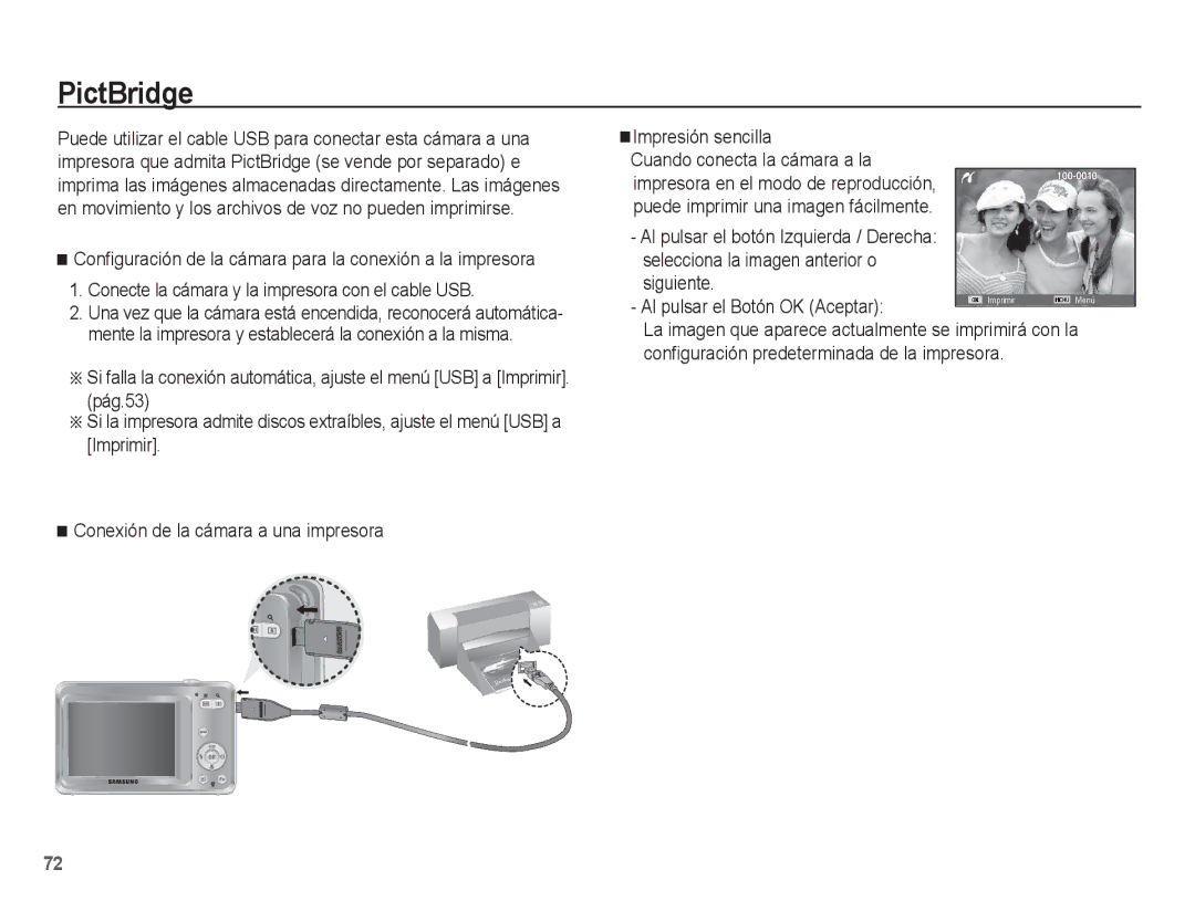 Samsung EC-ES60ZZBPAPA, EC-ES60ZZBPPE1, EC-ES60ZZBPBE1 manual PictBridge, Configuración predeterminada de la impresora 