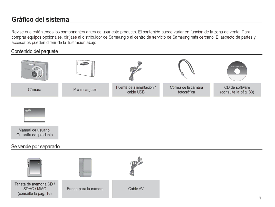 Samsung EC-ES60ZZBPAPA manual Gráﬁco del sistema, Contenido del paquete, Se vende por separado, Cámara Pila recargable 