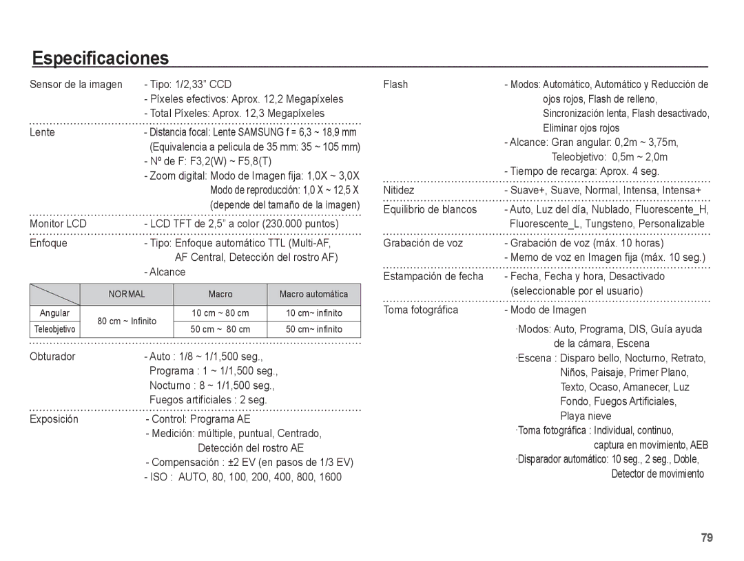 Samsung EC-ES60ZZBPPE1, EC-ES60ZZBPBE1, EC-ES60ZZBPAE1, EC-ES60ZZBPAPA, EC-ES60ZZBPRE1 manual Especificaciones 