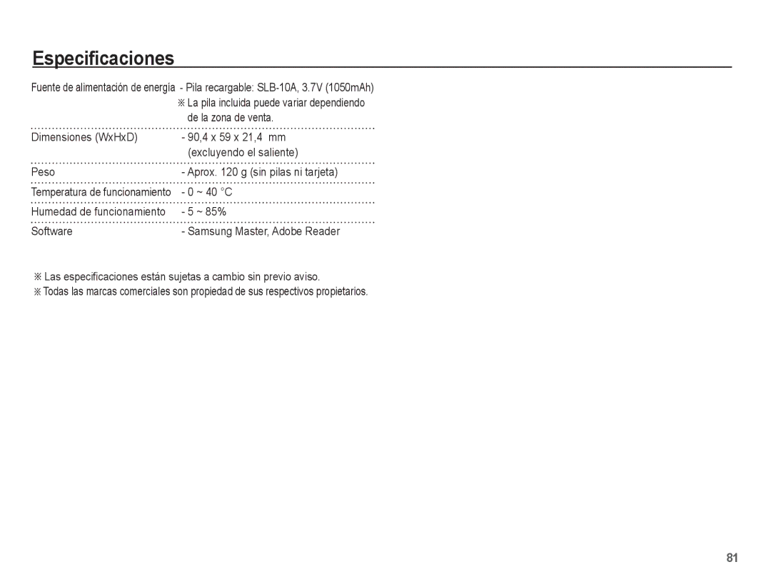 Samsung EC-ES60ZZBPAE1, EC-ES60ZZBPPE1, EC-ES60ZZBPBE1, EC-ES60ZZBPAPA, EC-ES60ZZBPRE1 manual ~ 40 C, ~ 85%, Software 