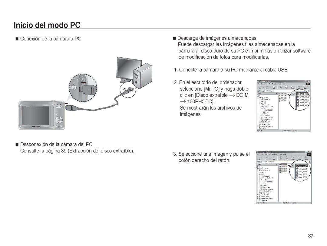 Samsung EC-ES60ZZBPAPA Conecte la cámara a su PC mediante el cable USB, 100PHOTO Se mostrarán los archivos de imágenes 