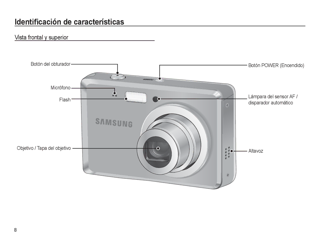 Samsung EC-ES60ZZBPRE1, EC-ES60ZZBPPE1, EC-ES60ZZBPBE1 Identiﬁcación de características, Vista frontal y superior, Altavoz 