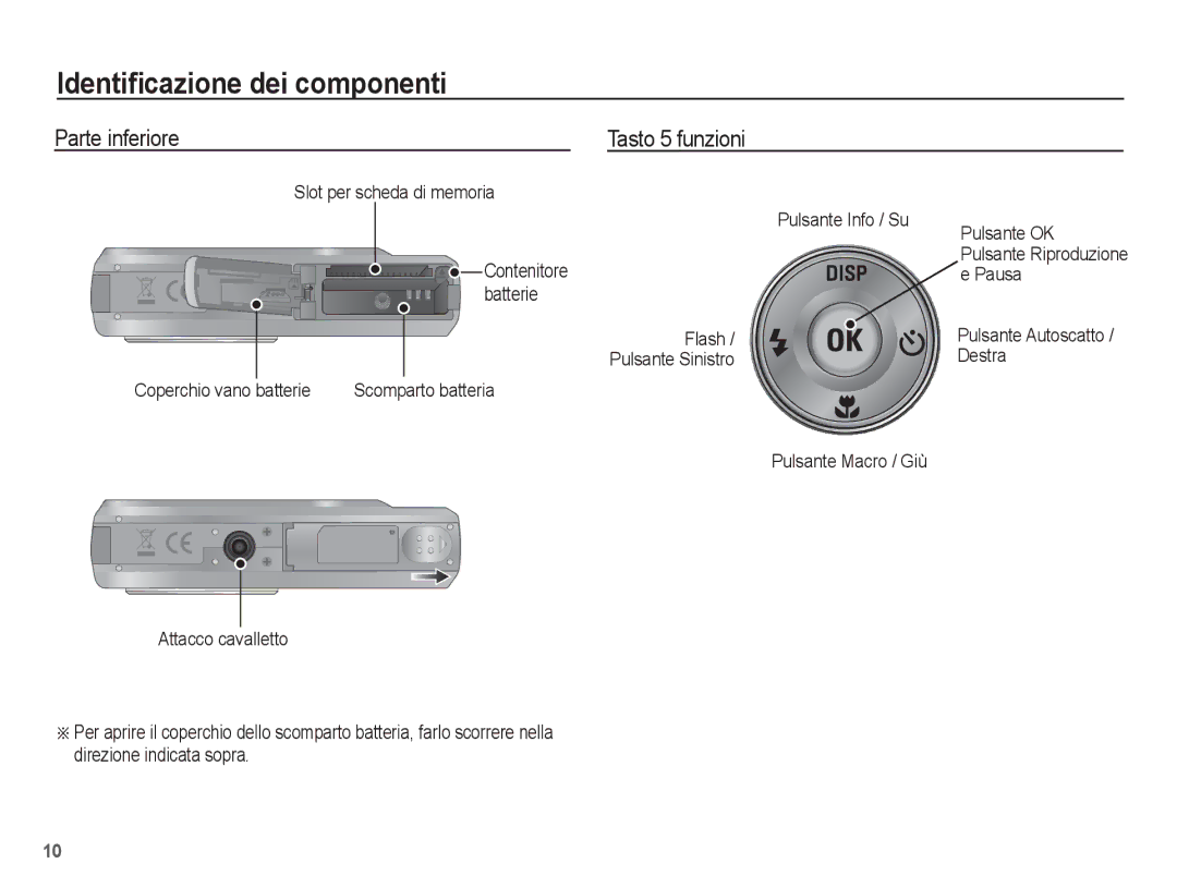 Samsung EC-ES60ZZBPAIT, EC-ES60ZZBPPE1 Parte inferiore Tasto 5 funzioni, Slot per scheda di memoria Pulsante Info / Su 