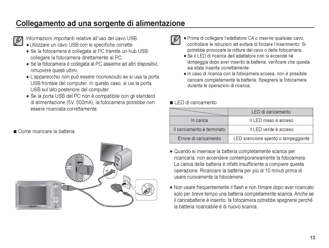 Samsung EC-ES60ZZBPRIT, EC-ES60ZZBPPE1, EC-ES60ZZBPBE1, EC-ES60ZZBPBIT manual Come ricaricare la batteria, LED di caricamento 