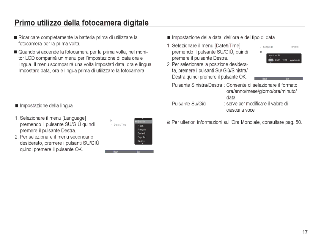 Samsung EC-ES60ZZBPPE1, EC-ES60ZZBPBE1, EC-ES60ZZBPRIT Primo utilizzo della fotocamera digitale, Impostazione della lingua 