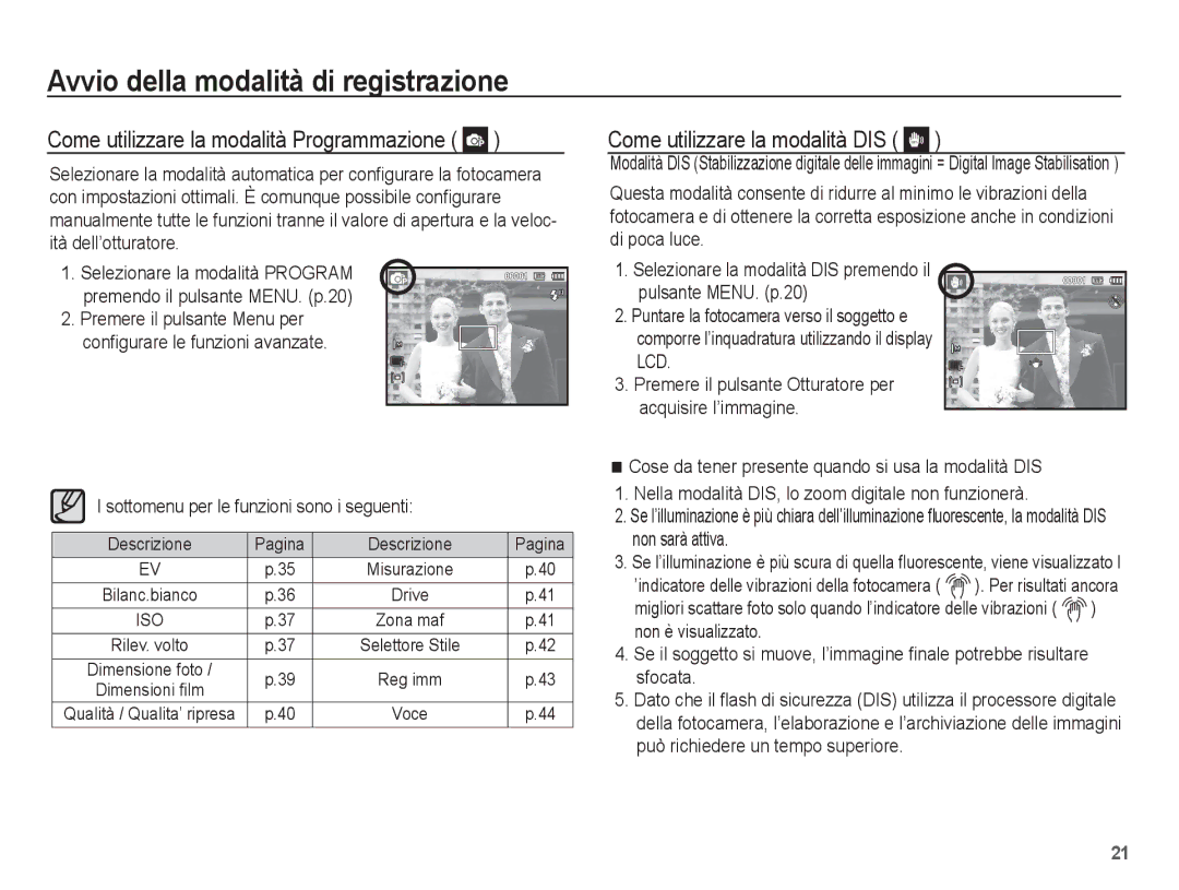 Samsung EC-ES60ZZBPPIT, EC-ES60ZZBPPE1 manual Come utilizzare la modalità Programmazione, Come utilizzare la modalità DIS 