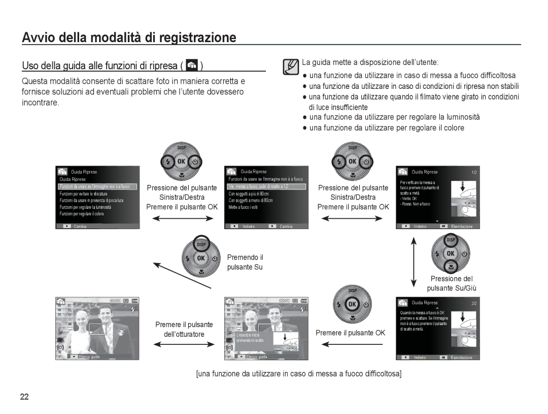 Samsung EC-ES60ZZBPAIT manual Uso della guida alle funzioni di ripresa, Sinistra/Destra, Pressione del Pulsante Su/Giù 