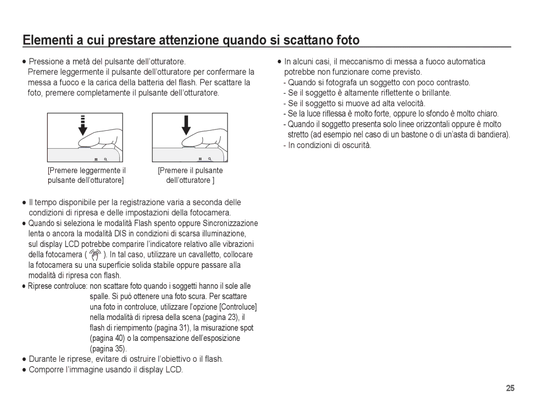 Samsung EC-ES60ZZBPRIT manual Elementi a cui prestare attenzione quando si scattano foto, Pagina, Condizioni di oscurità 