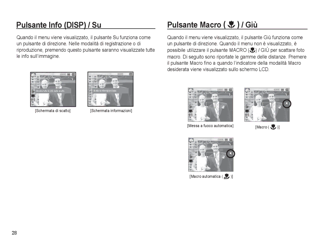 Samsung EC-ES60ZZBPAIT, EC-ES60ZZBPPE1, EC-ES60ZZBPBE1, EC-ES60ZZBPRIT manual Pulsante Info Disp / Su, Pulsante Macro / Giù 