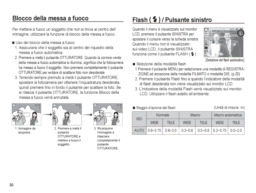 Samsung EC-ES60ZZBPBE1 manual Blocco della messa a fuoco, Flash / Pulsante sinistro, Selezione della modalità ﬂash 