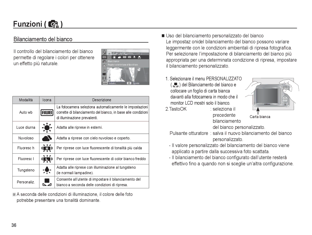 Samsung EC-ES60ZZBPBE1 Bilanciamento del bianco, Un effetto più naturale, Uso del bilanciamento personalizzato del bianco 