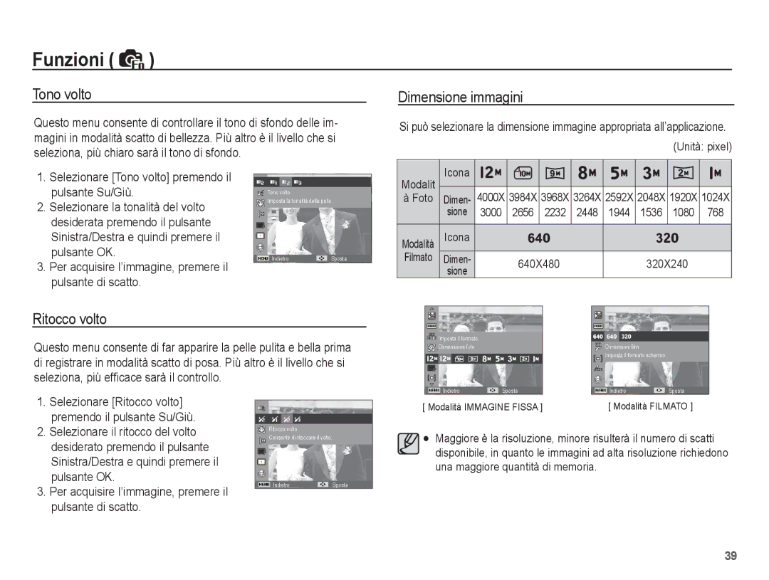 Samsung EC-ES60ZZBPPIT, EC-ES60ZZBPPE1, EC-ES60ZZBPBE1, EC-ES60ZZBPRIT manual Tono volto, Dimensione immagini, Ritocco volto 