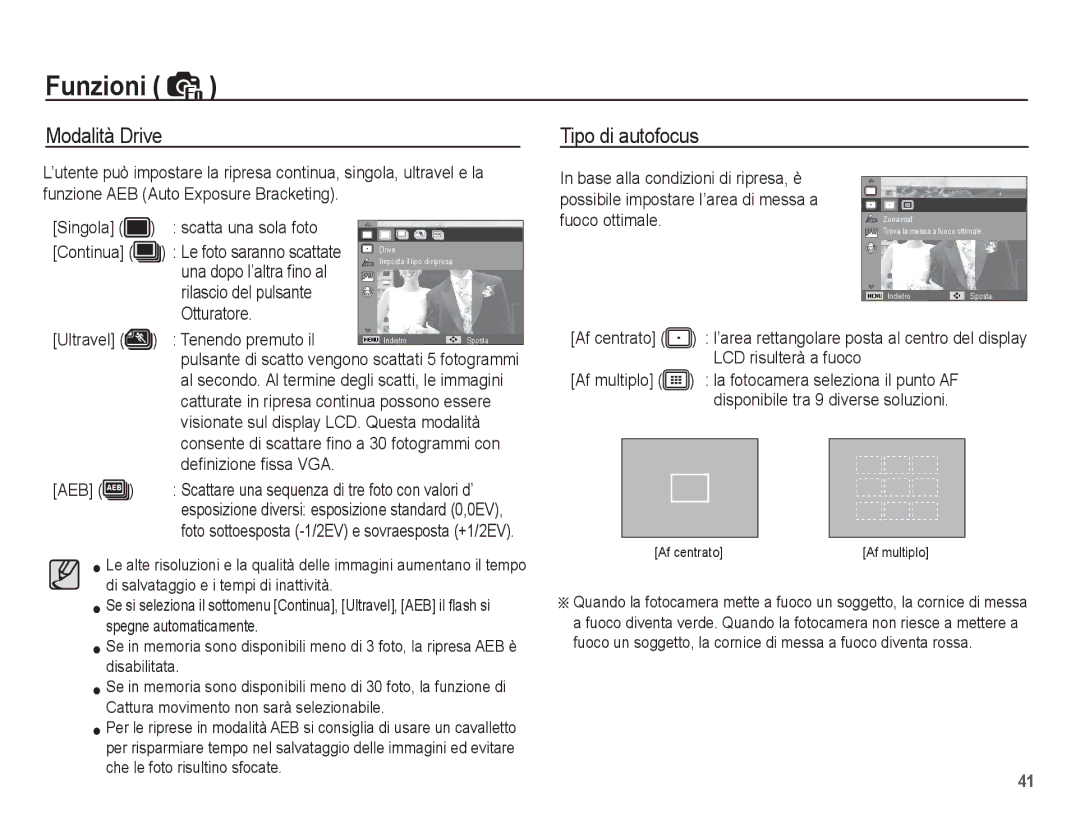 Samsung EC-ES60ZZBPPE1, EC-ES60ZZBPBE1, EC-ES60ZZBPRIT, EC-ES60ZZBPBIT, EC-ES60ZZBPPIT manual Modalità Drive, Tipo di autofocus 