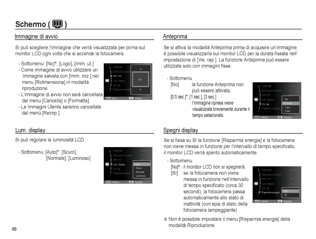 Samsung EC-ES60ZZBPBE1, EC-ES60ZZBPPE1, EC-ES60ZZBPRIT manual Immagine di avvio, Anteprima, Lum. display Spegni display 