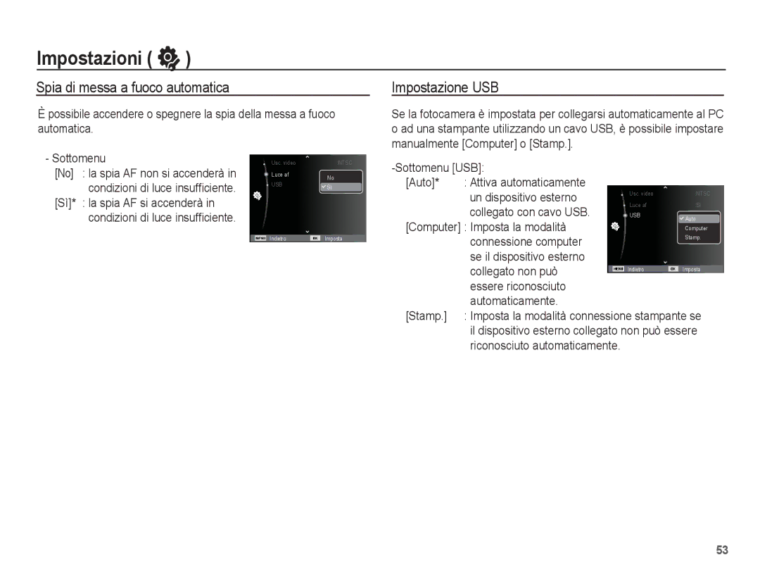 Samsung EC-ES60ZZBPPE1, EC-ES60ZZBPBE1, EC-ES60ZZBPRIT, EC-ES60ZZBPBIT Spia di messa a fuoco automatica, Impostazione USB 