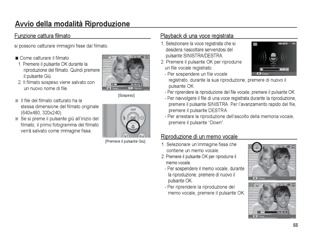 Samsung EC-ES60ZZBPRIT manual Funzione cattura filmato, Playback di una voce registrata, Riproduzione di un memo vocale 