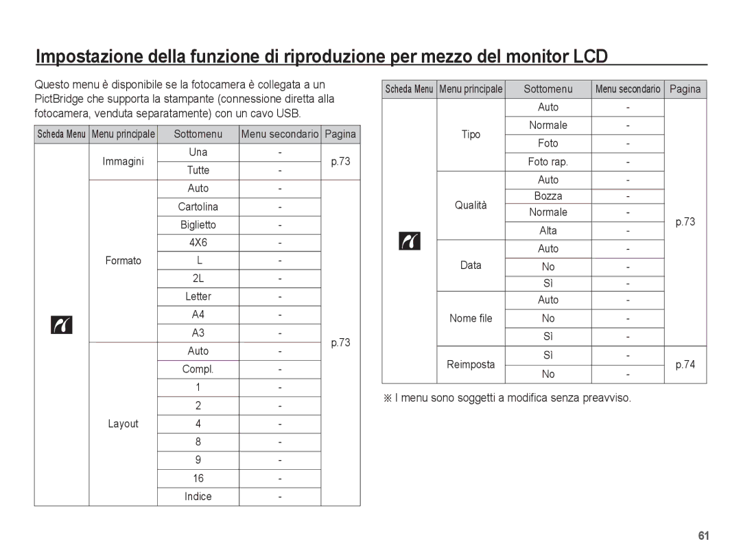 Samsung EC-ES60ZZBPRIT Menu sono soggetti a modifica senza preavviso, 4X6, Tipo Qualità Data Nome file Reimposta, Bozza 