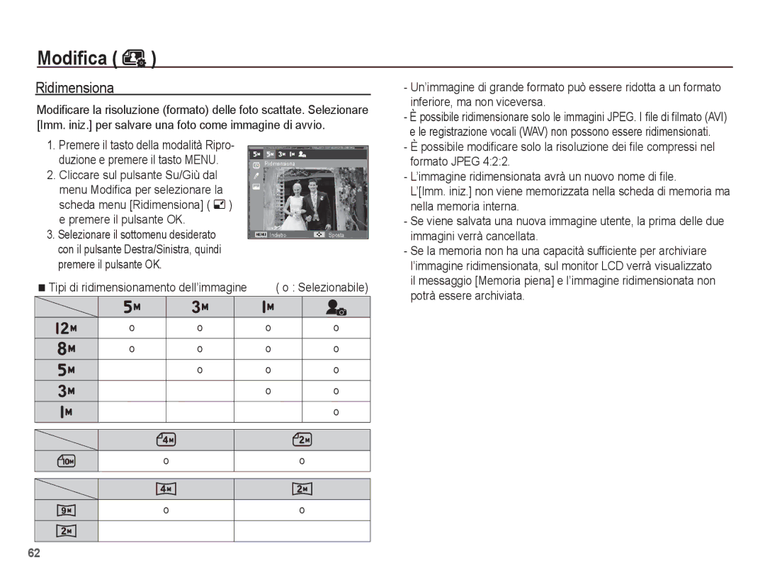 Samsung EC-ES60ZZBPBIT, EC-ES60ZZBPPE1, EC-ES60ZZBPBE1, EC-ES60ZZBPRIT, EC-ES60ZZBPPIT, EC-ES60ZZBPAIT Modifica, Ridimensiona 