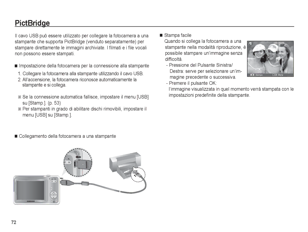 Samsung EC-ES60ZZBPBE1, EC-ES60ZZBPPE1, EC-ES60ZZBPRIT, EC-ES60ZZBPBIT manual PictBridge, Magine precedente o successiva 