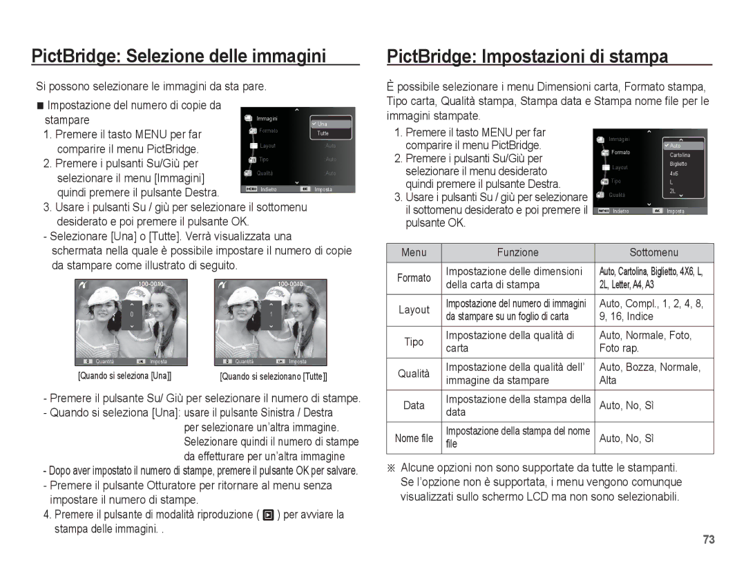 Samsung EC-ES60ZZBPRIT, EC-ES60ZZBPPE1 manual PictBridge Selezione delle immagini, PictBridge Impostazioni di stampa 