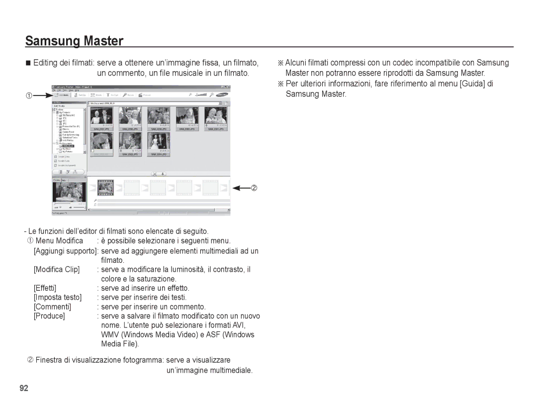 Samsung EC-ES60ZZBPBIT Le funzioni dell’editor di filmati sono elencate di seguito, Filmato, Modifica Clip, Media File 