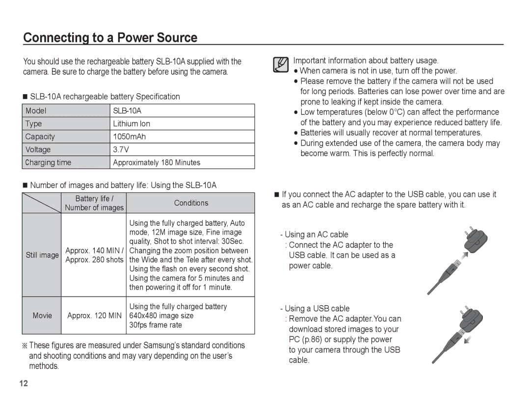 Samsung EC-ES60ZZBPBSA, EC-ES63ZZBPAE1 manual Connecting to a Power Source, SLB-10A rechargeable battery Speciﬁcation 