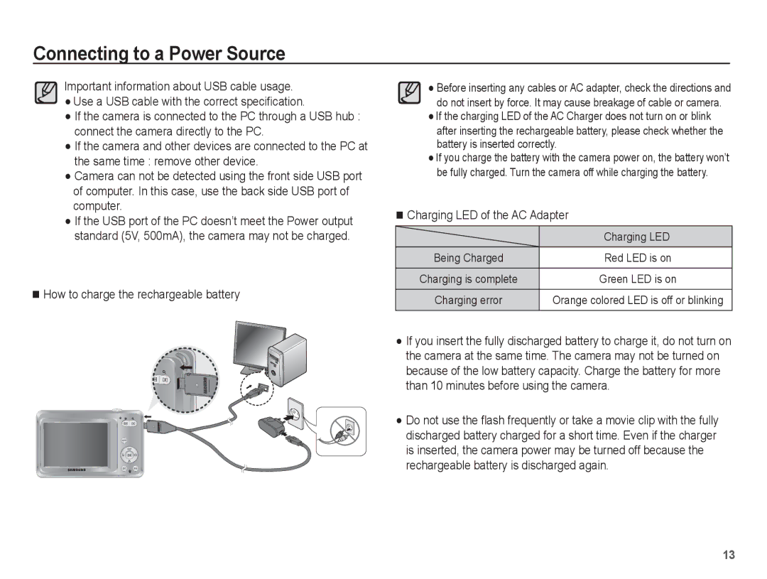 Samsung EC-ES60ZZBPRSA, EC-ES63ZZBPAE1 manual How to charge the rechargeable battery, Charging LED of the AC Adapter 