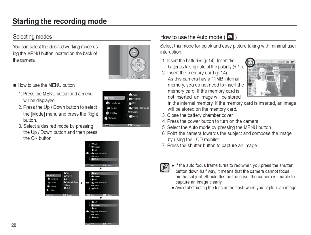 Samsung EC-ES60ZZBPAVN Starting the recording mode, Selecting modes How to use the Auto mode, Insert the memory card p.14 