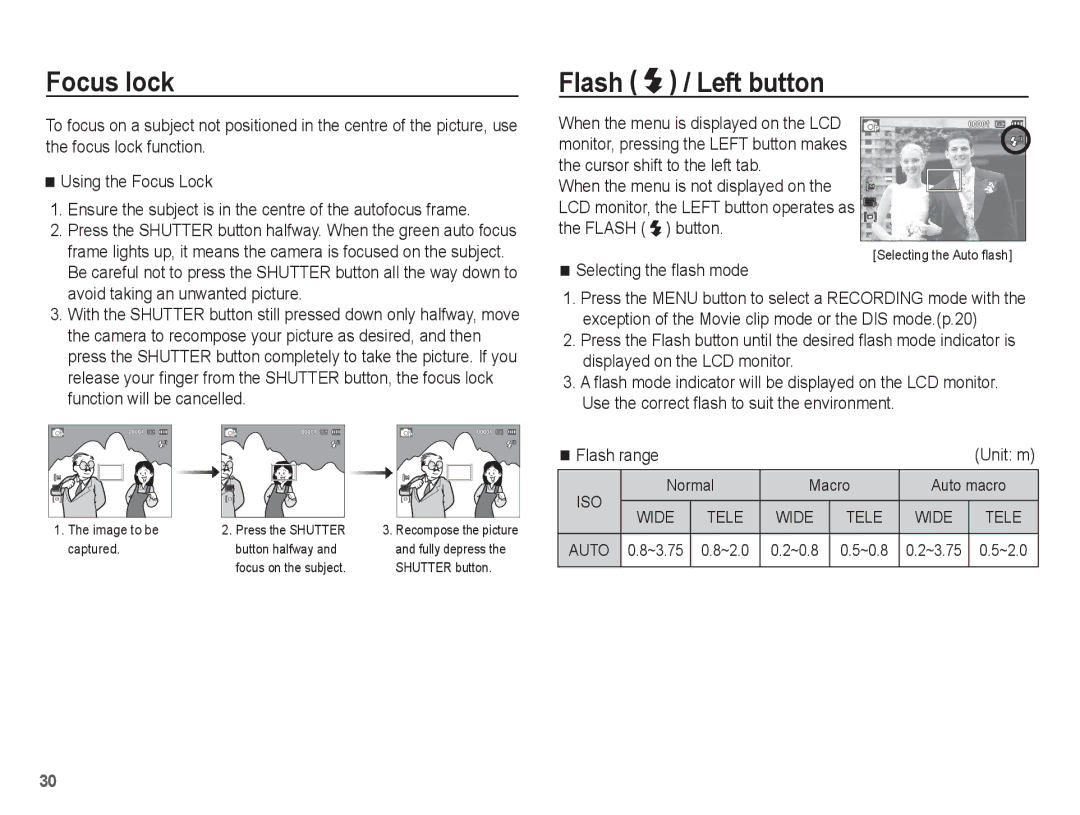 Samsung EC-ES60ZZBPPE2, EC-ES63ZZBPAE1 manual Focus lock, Flash / Left button, Selecting the ﬂash mode, Flash range 