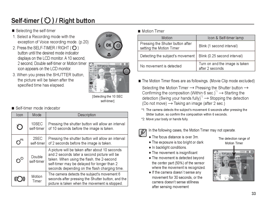 Samsung EC-ES63ZZBPAE1, EC-ES60ZZBPPE1 manual Selecting the self-timer, Self-timer mode indecator, Motion Timer, Starting 