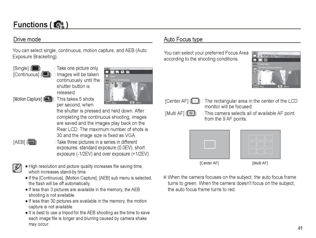 Samsung EC-ES60ZZBPAPA, EC-ES63ZZBPAE1, EC-ES60ZZBPPE1, EC-ES60ZZBPBE1, EC-ES60ZZBPAE1 manual Drive mode, Auto Focus type 